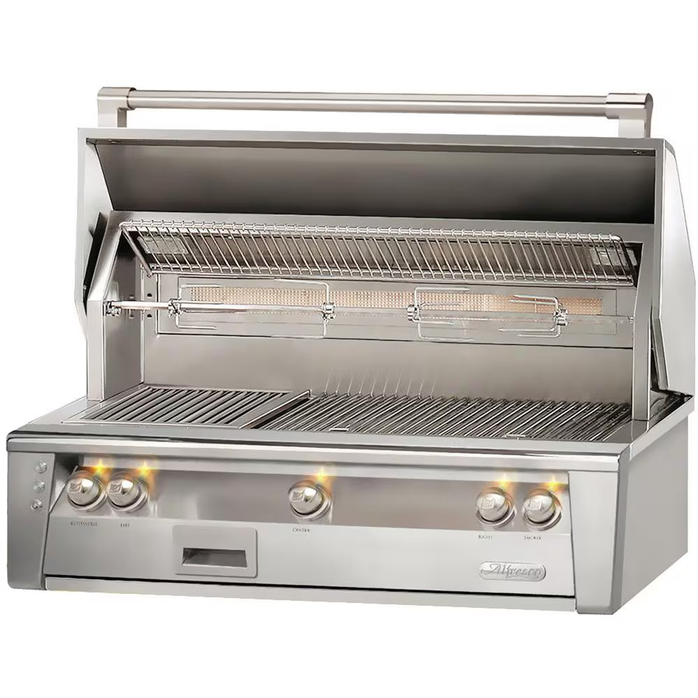 Alfresco built-in gas grill head with the hood open showing the rotisserie and warming rack, on white background