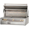 Alfresco built-in gas grill head with the hood open showing the rotisserie and warming rack, on white background