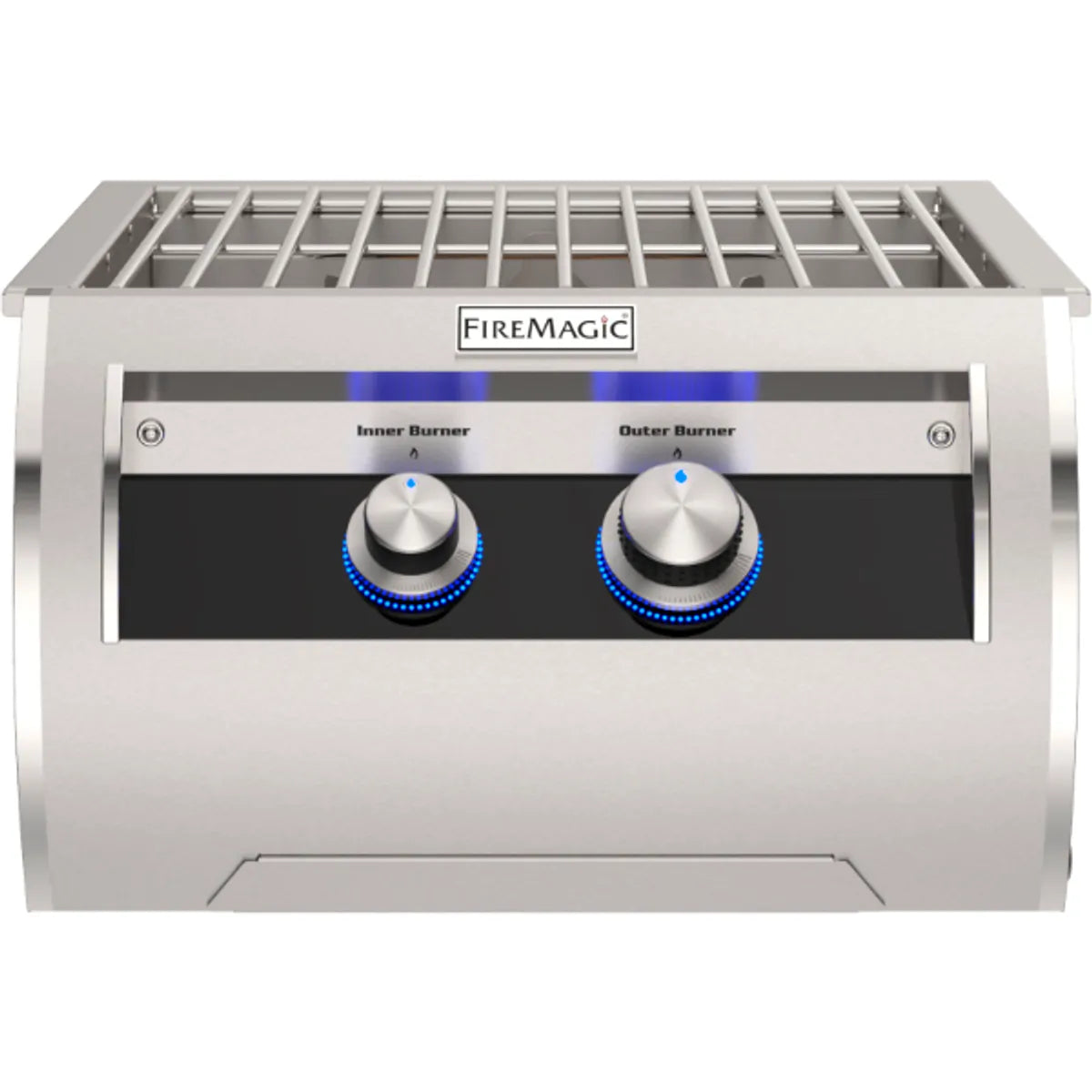 Fire Magic Echelon Power Burner on display highlighting its stainless steel design and features such as backlit knobs and high cooking power options.