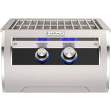 Fire Magic Echelon Power Burner on display highlighting its stainless steel design and features such as backlit knobs and high cooking power options.