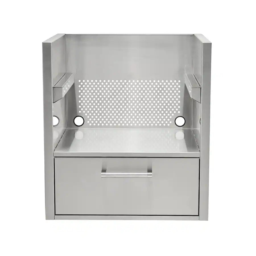 A stainless steel built-in outdoor charcoal grill with an open top, a perforated back panel, a flat hearth base, and a storage drawer below, shown front-on against a white background