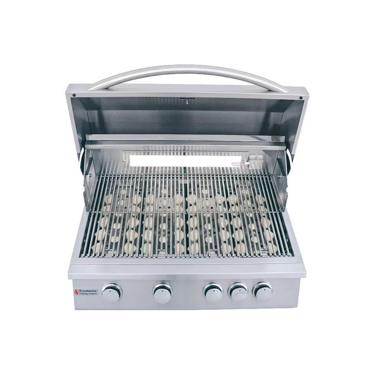 Front view of a built-in Renaissance Cooking Systems stainless steel grill with the lid open, showing the cooking grates with ceramic briquettes beneath, the warming rack, five control knobs and the RCS logo, on a white background