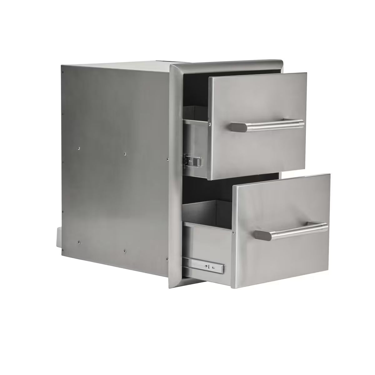 Stainless steel built-in outdoor storage cabinet with two drawers shown partially open on white background