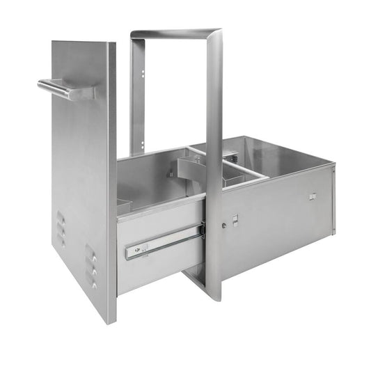 A stainless steel built-in outdoor kitchen combination access door and drawer unit shown from a three-quarter angle with the side door swung open and a drawer pulled out, revealing the interior storage compartment, against a white background
