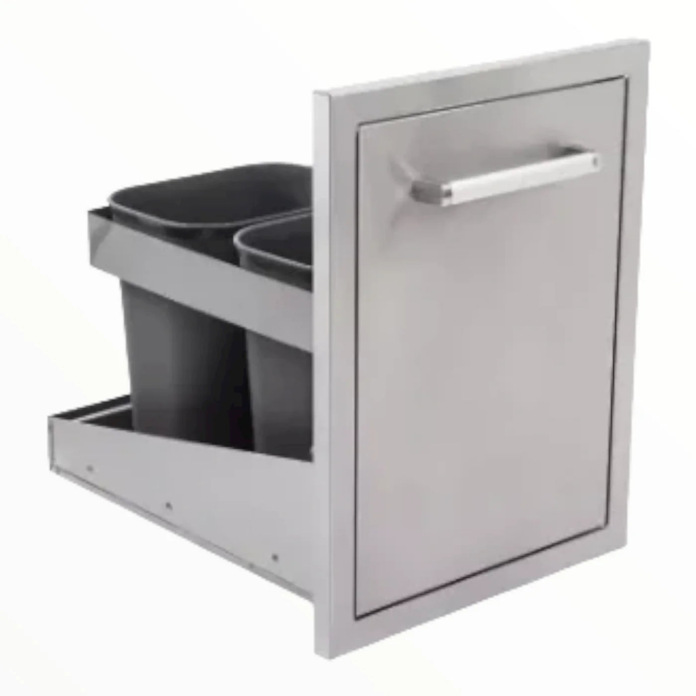 Bonfire Trash Can 16.5" x 22" made from durable 304 stainless steel, featuring a self-closing drawer and two trash buckets for outdoor kitchens.