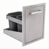Bonfire Trash Can 16.5" x 22" made from durable 304 stainless steel, featuring a self-closing drawer and two trash buckets for outdoor kitchens.