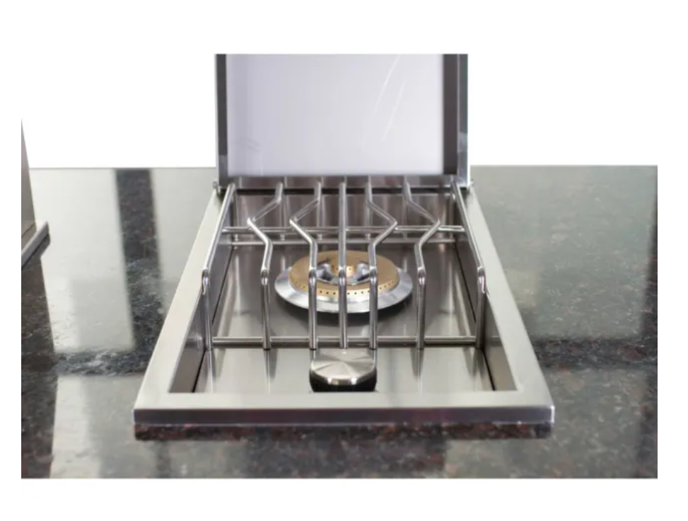 Dimensions of WHISTLER Single Side Burner by Bonfire displayed, emphasizing the compact size for efficient use in outdoor spaces.