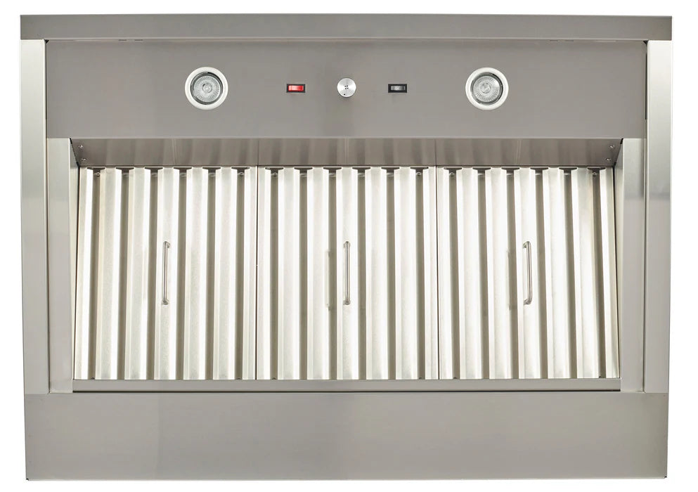 A front view of a stainless steel Coyote outdoor range hood showing the control panel with two round LED lights and control buttons above three baffle filters, against a white background