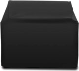 Black fitted protective grill cover for a built-in barbecue grill on white background