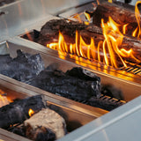 American Made Grills Muscle 36-inch hybrid built-in grill — burning wood in the fuel tray