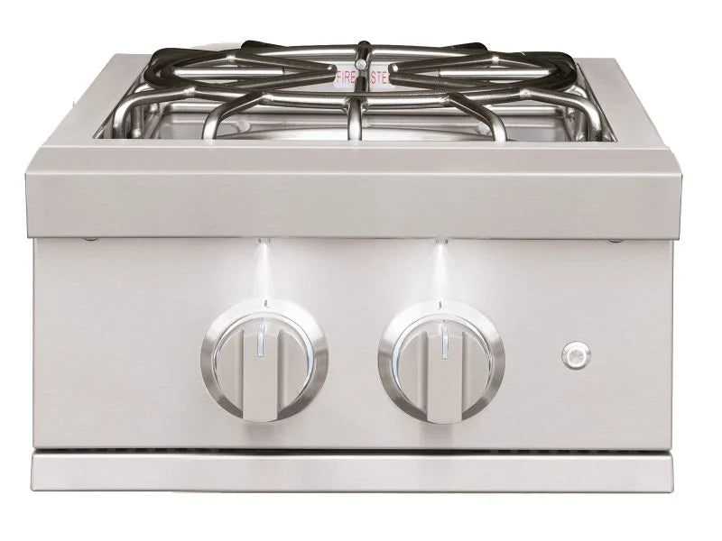 Stainless steel built-in double power burner with two control knobs and a heavy-duty grate on white background