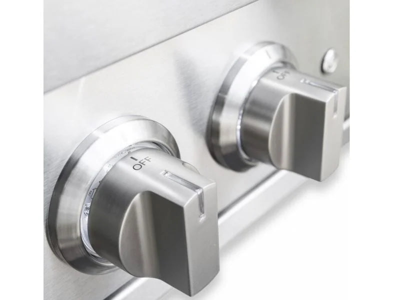 Close-up of a power burner's two stainless steel control knobs on the control panel