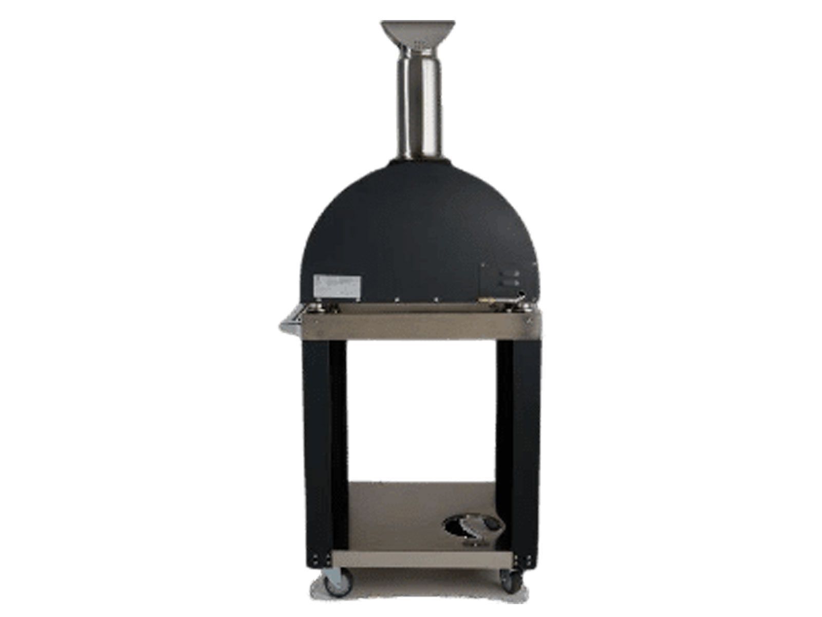 A black dome-top wood-fired outdoor pizza oven with a stainless steel chimney, mounted on a black cart stand with an open lower shelf and caster wheels, shown front-on against a white background