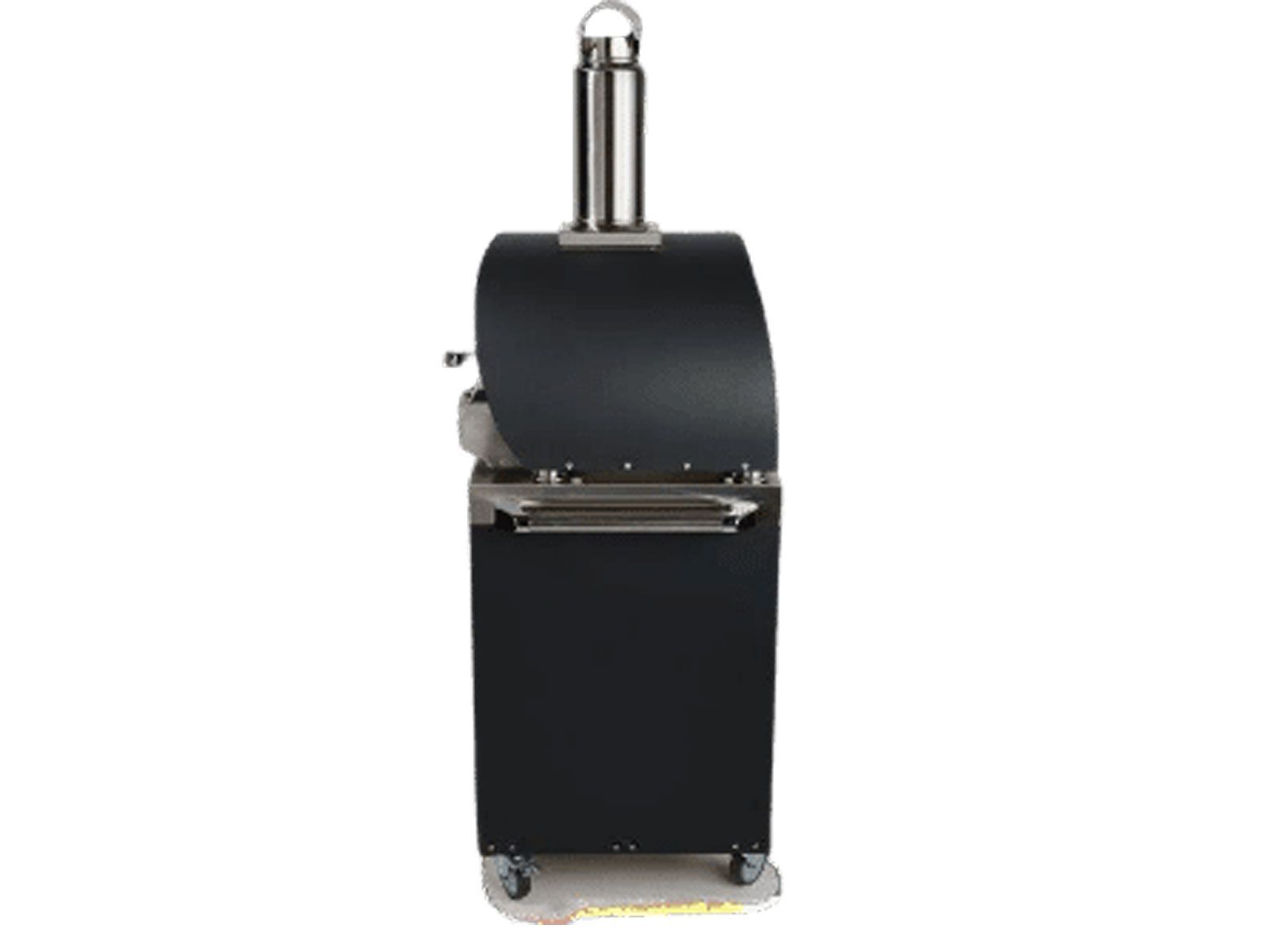 A black dome-top wood-fired outdoor pizza oven with a stainless steel chimney shown from the side, mounted on a black enclosed cart stand with caster wheels, against a white background