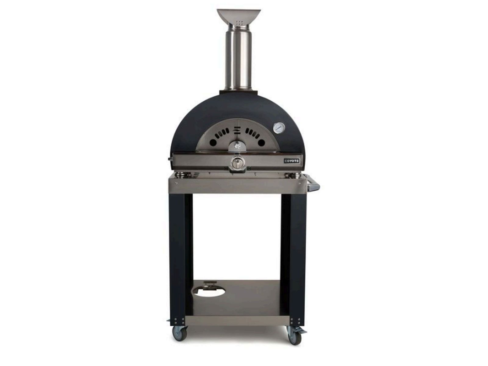 A black dome-top wood-fired outdoor pizza oven shown front-on, with the front face showing air vents and a temperature gauge, a stainless steel chimney, and a black cart stand with an open lower shelf and caster wheels, against a white background