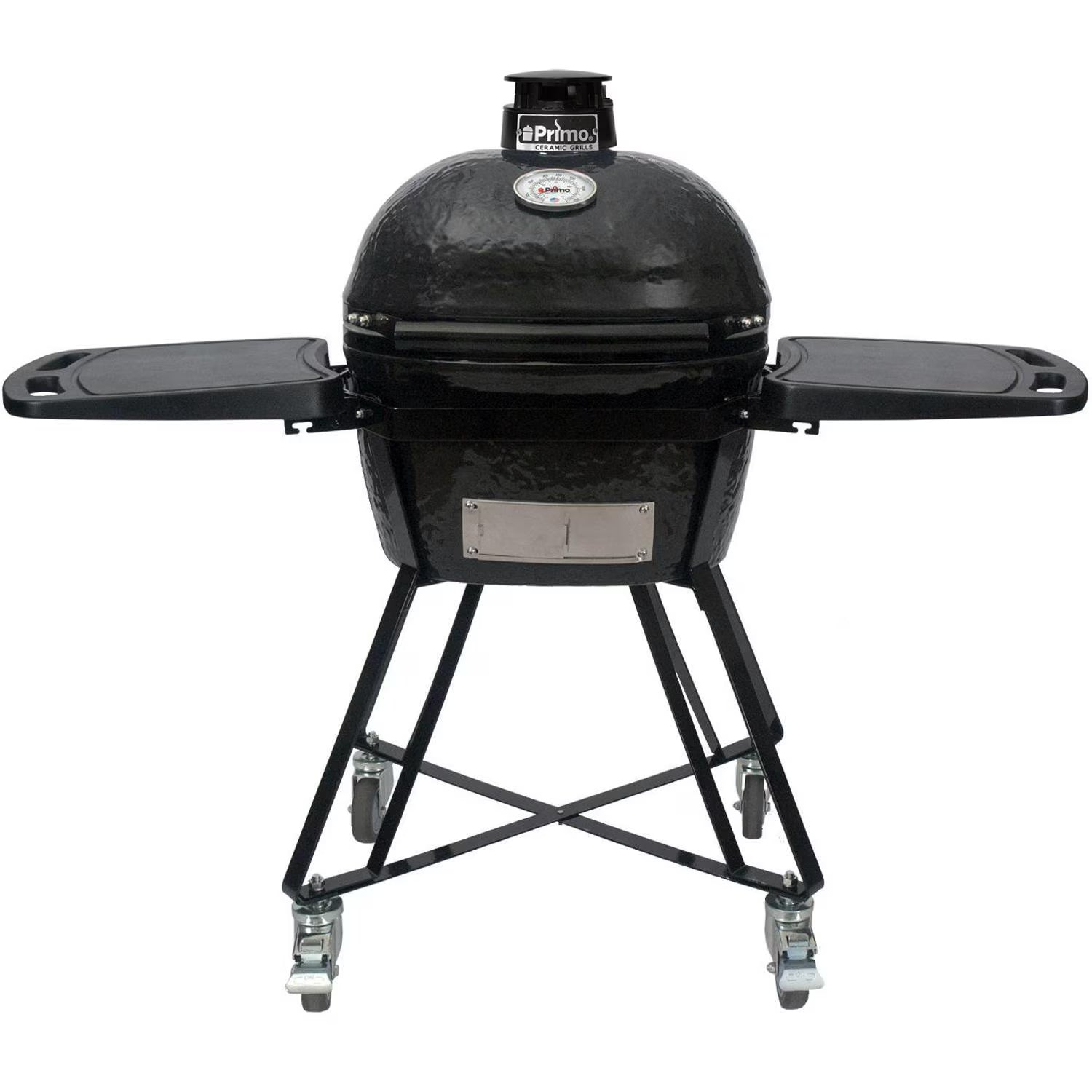 Primo Oval Junior All-In-One ceramic charcoal grill on its heavy-duty stand with side shelves, PGCJRC