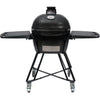 Primo Oval Junior All-In-One ceramic charcoal grill on its heavy-duty stand with side shelves, PGCJRC