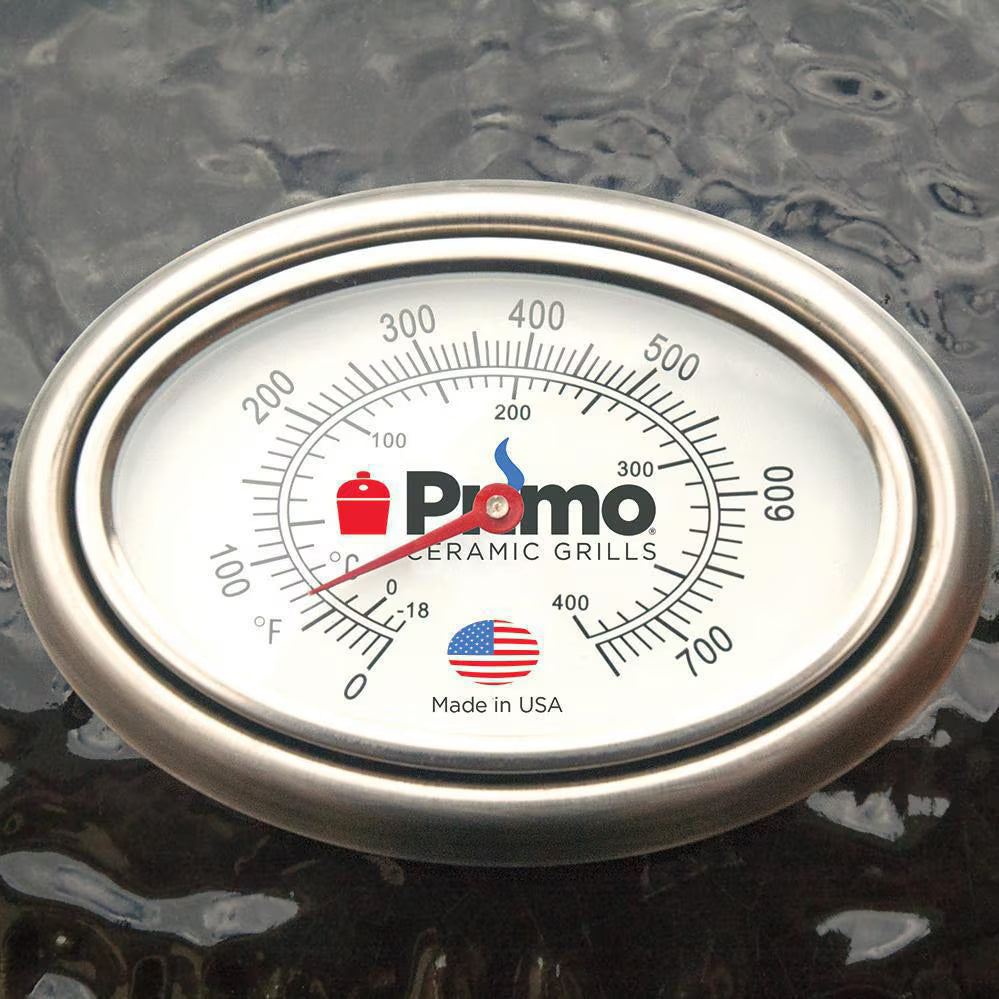 Built-in dome thermometer on the Primo Oval Junior All-In-One ceramic charcoal grill, PGCJRC