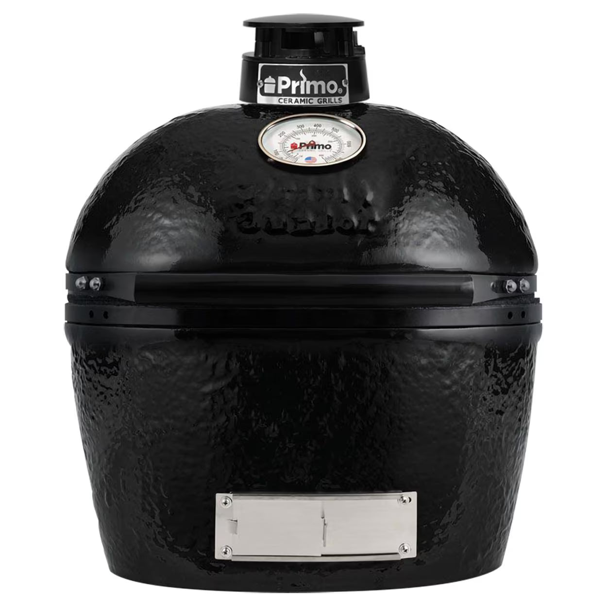 Primo Oval Junior ceramic charcoal grill head, front view of the black ceramic dome, PGCJRH