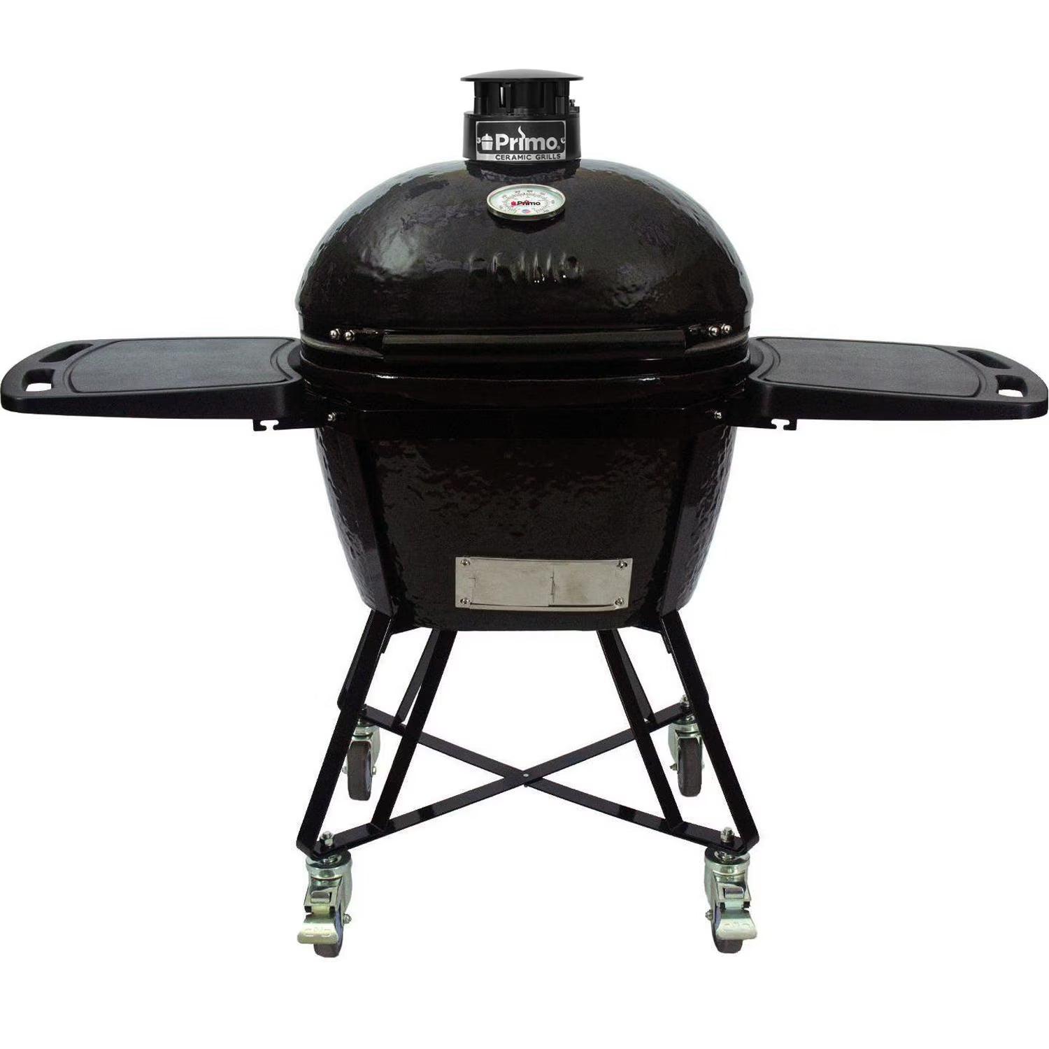 Primo Oval Large All-In-One ceramic charcoal grill on its heavy-duty stand with side shelves, PGCLGC