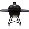 Primo Oval Large All-In-One ceramic charcoal grill on its heavy-duty stand with side shelves, PGCLGC
