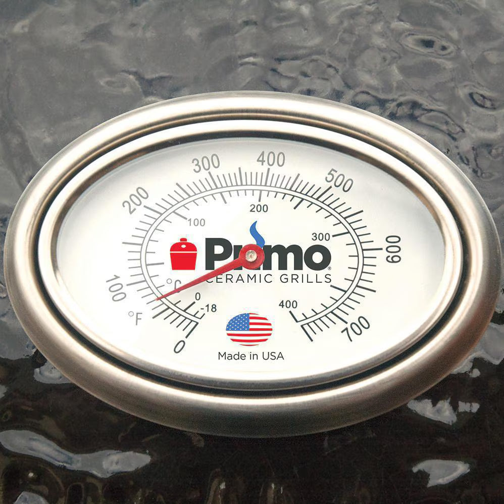 Built-in dome thermometer on the Primo Oval Large All-In-One ceramic charcoal grill, PGCLGC