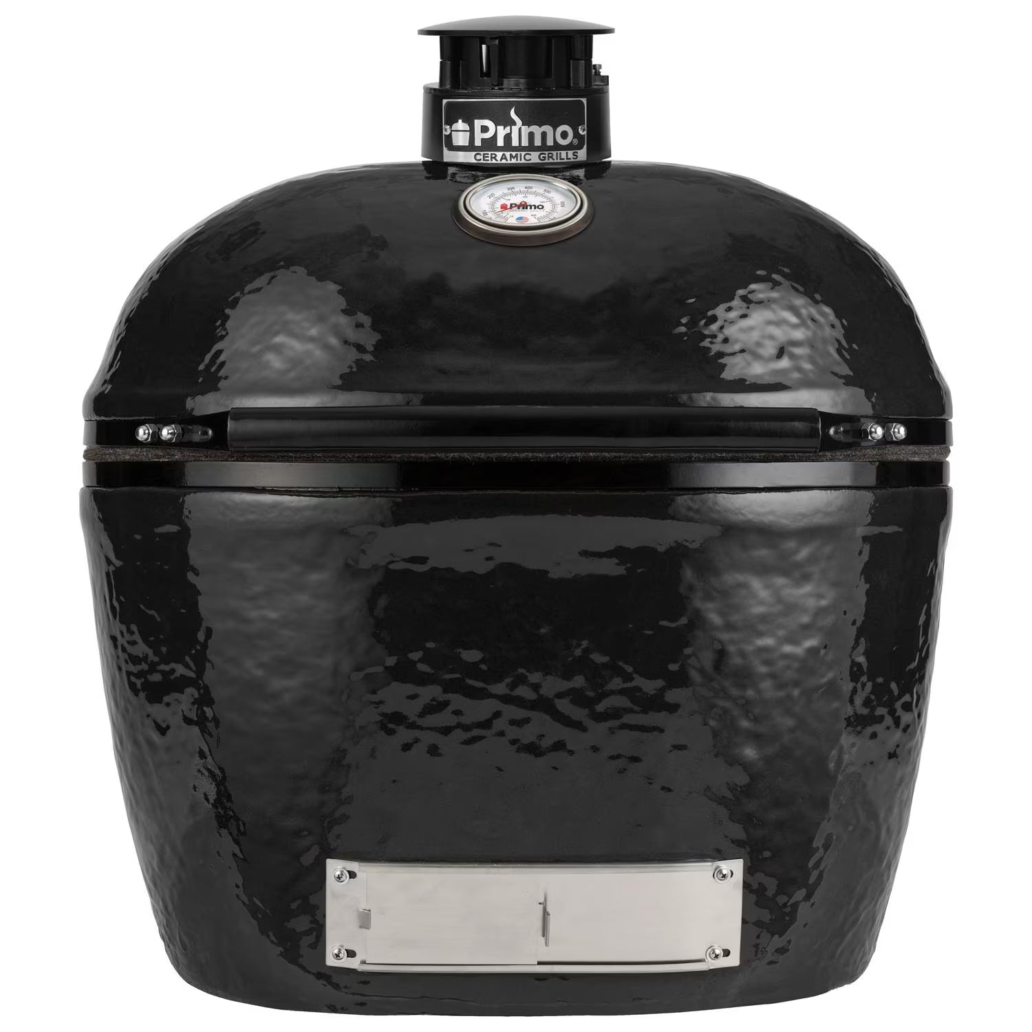 Primo Oval X-Large ceramic charcoal grill head, front view of the black ceramic dome, PGCXLH