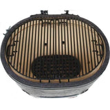 Overhead view of the cooking grates and ceramic firebox of the Primo Oval X-Large Jack Daniel's Edition ceramic charcoal grill, PGCXLHJ