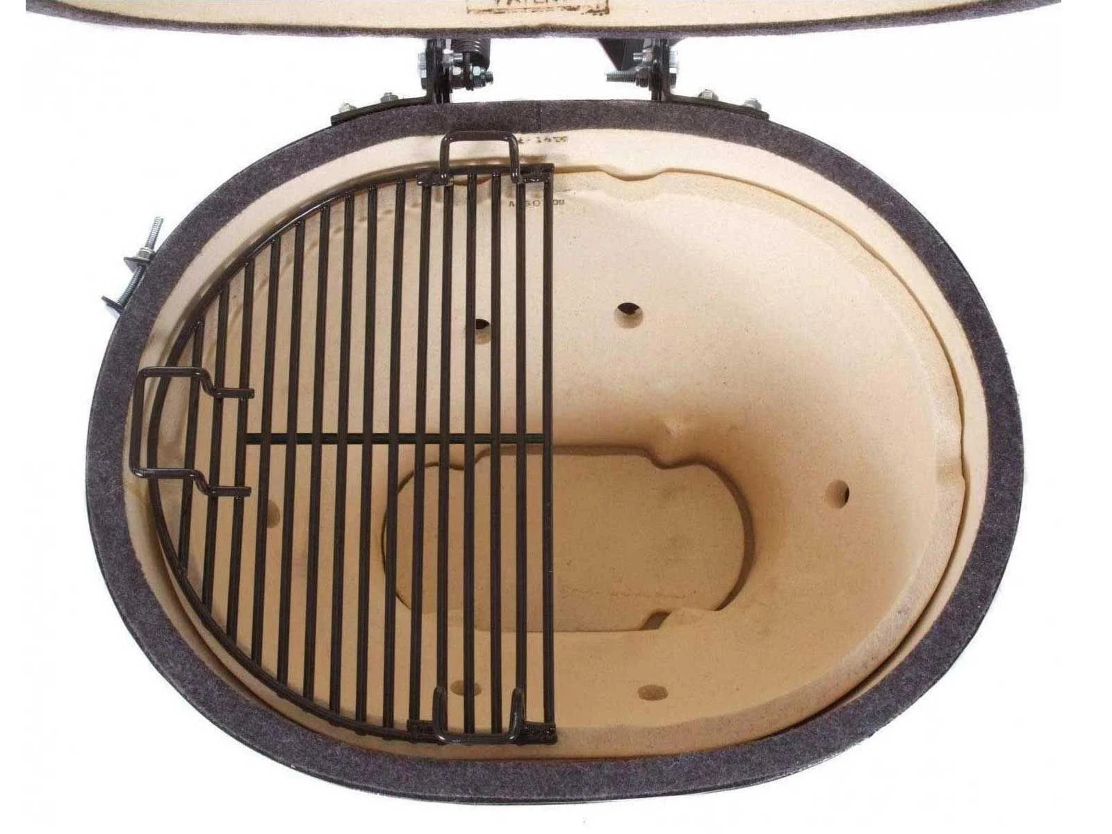 Overhead view of the split cooking grate and ceramic firebox of the Primo Oval XX-Large All-In-One ceramic charcoal grill, PGCXXLC