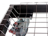 Wire storage basket and caster on the stand of the Primo Oval XX-Large All-In-One ceramic charcoal grill, PGCXXLC
