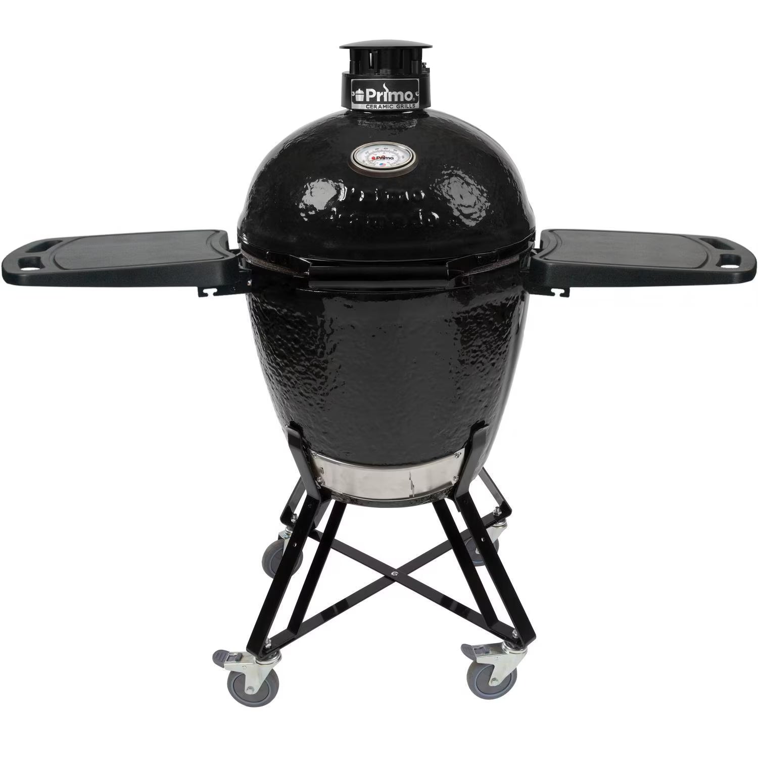 Primo Round All-In-One ceramic charcoal grill on its stand with side shelves, PGCRC