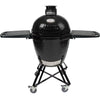 Primo Round All-In-One ceramic charcoal grill on its stand with side shelves, PGCRC