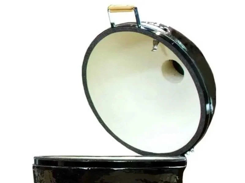 Primo Round ceramic charcoal grill head with the dome open showing the ceramic interior and gasket, PGCRH