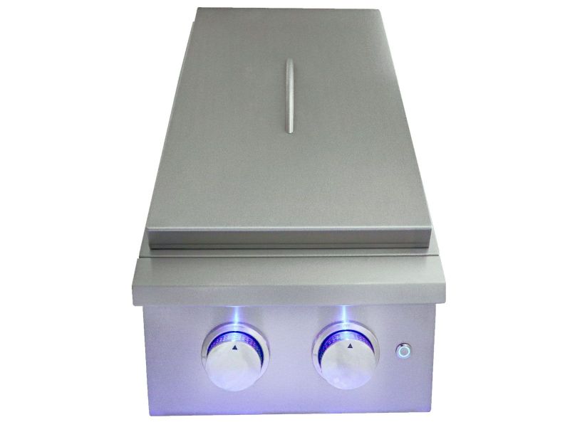 RCS Premier 'L' Series Double Side Burner outdoor cooking appliance with stainless steel construction.
