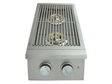 Close-up of the RCS Premier 'L' Series Double Side Burner control knobs with blue LED lights.