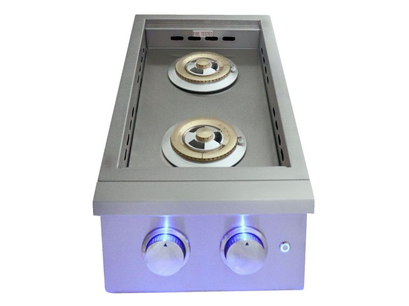 RCS Premier 'L' Series Double Side Burner shown in an outdoor kitchen setup.