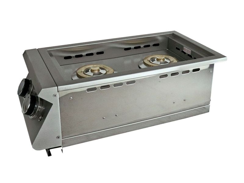 RCS Premier "L" Series Double Side Burner RJCSSBL showcasing its sleek 304-grade stainless steel design, perfect for outdoor cooking.