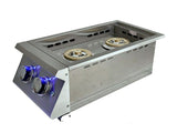 Close-up view of RCS Premier "L" Series Double Side Burner RJCSSBL's blue LED control knobs, enhancing nighttime visibility for grilling.
