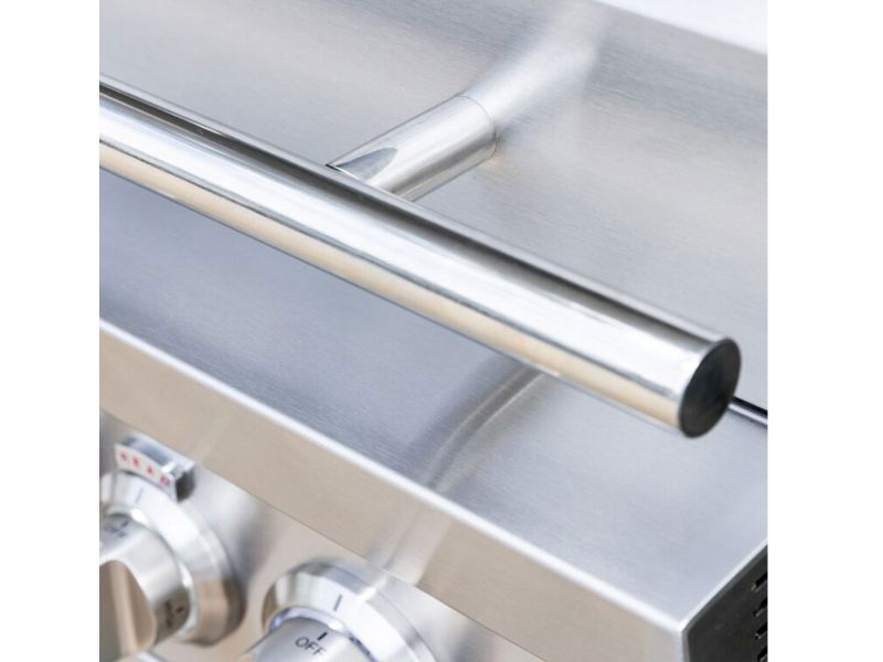 Close-up of the tubular stainless steel handle above the control knobs on a Summerset Sizzler Pro built-in gas grill