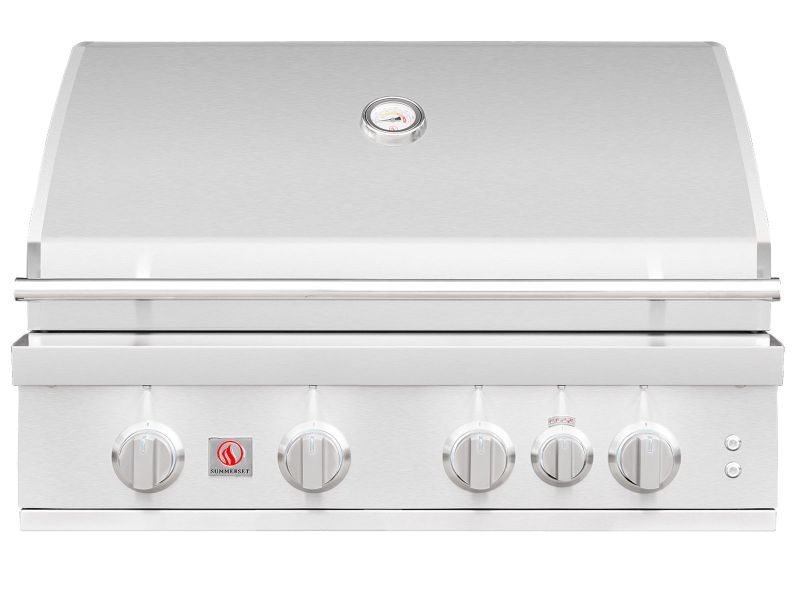 Summerset Sizzler Pro 32-inch stainless steel 4-burner built-in gas grill with closed lid and temperature gauge, front view on white background