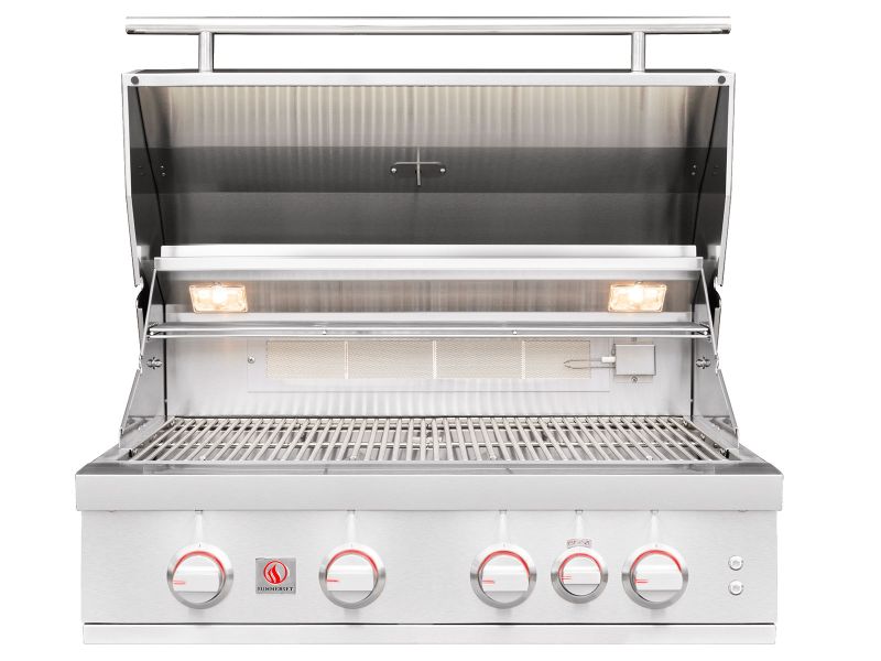 Summerset Sizzler Pro 32-inch stainless steel 4-burner built-in gas grill with open lid showing interior lights and cooking grates on white background