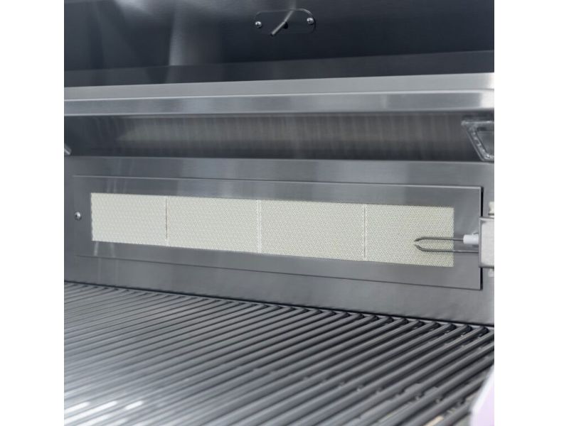 Close-up of a Summerset Sizzler Pro grill interior showing the ceramic infrared rear burner panel and cooking grates