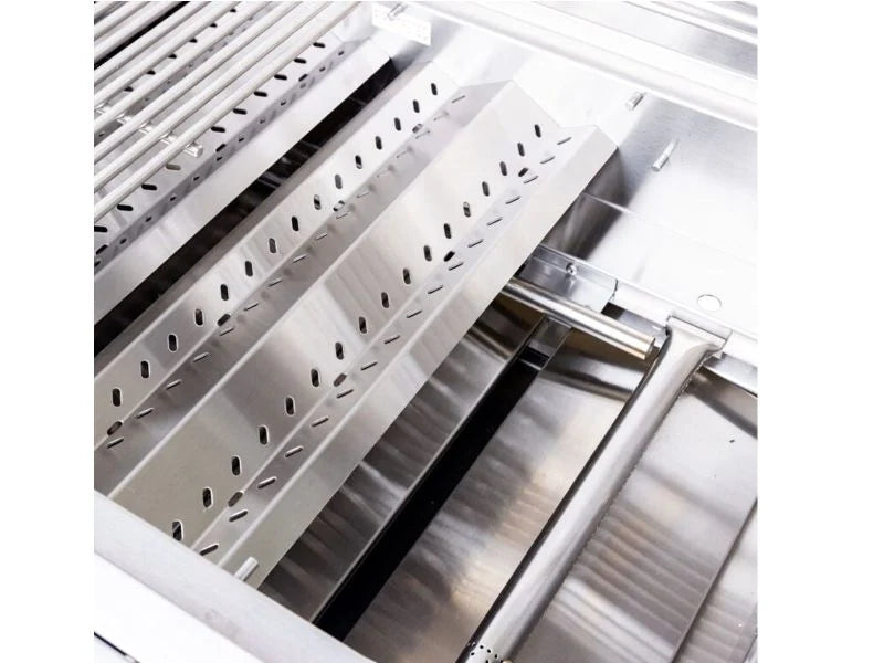 Close-up of a Summerset Sizzler grill interior showing the stainless steel vented heat tents and flame tamers