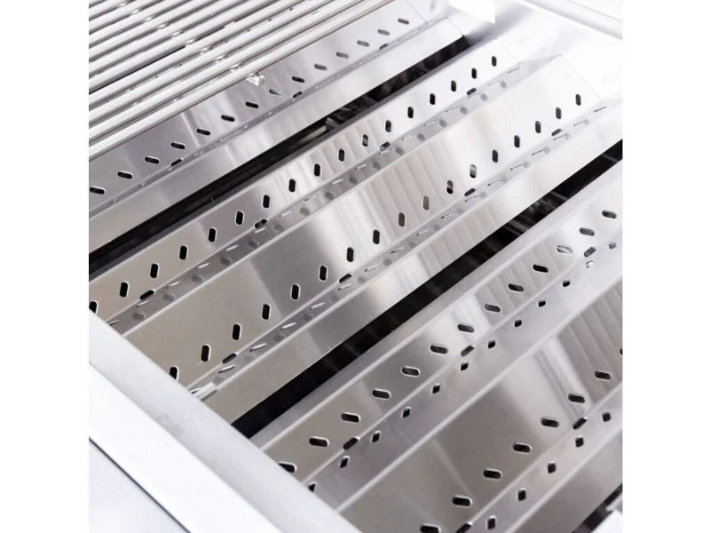 Close-up of a Summerset Sizzler grill interior showing the stainless steel vented heat tents and flame tamers