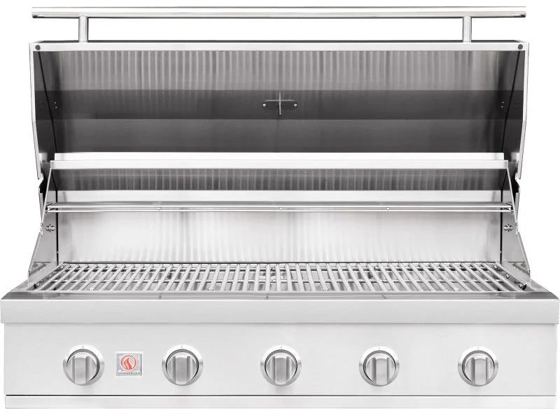 Summerset Sizzler 40-inch stainless steel 5-burner built-in gas grill with open lid showing the cooking grates and warming rack on white background