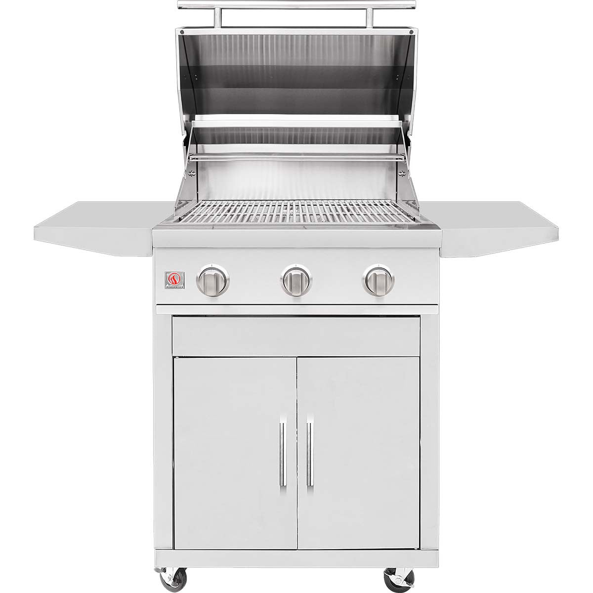 Summerset Sizzler 25-inch stainless steel freestanding gas grill on a cart with the lid open, three burner knobs, front view on white background
