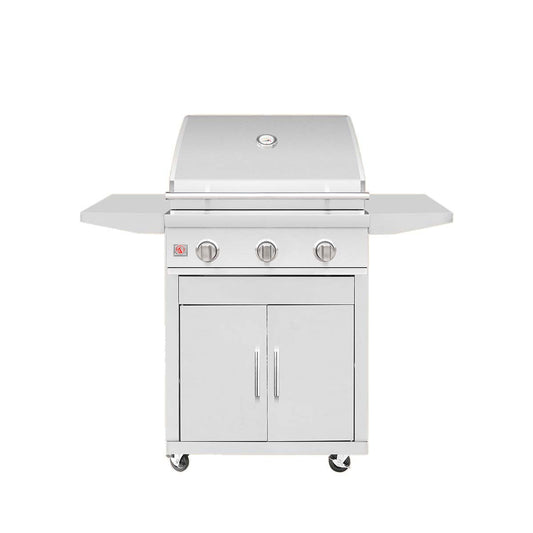 Summerset Sizzler 25-inch stainless steel freestanding gas grill on a cart with side shelves and closed lid, front view on white background
