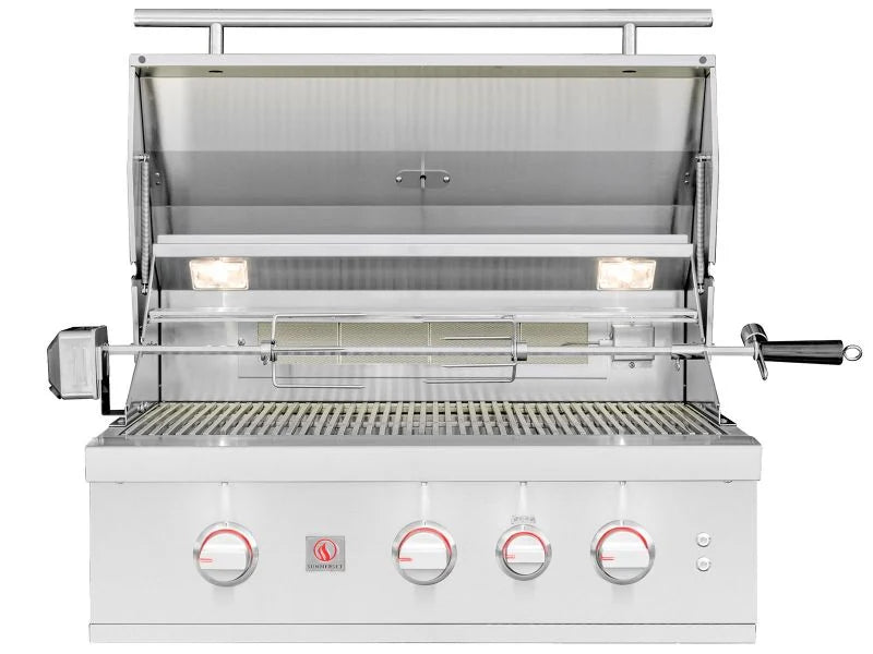 Summerset TRL Pro 32-inch built-in gas grill head with lid open showing rotisserie and interior lights, on white background