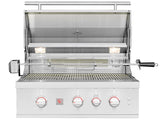 Summerset TRL Pro 32-inch built-in gas grill head with lid open showing rotisserie and interior lights, on white background