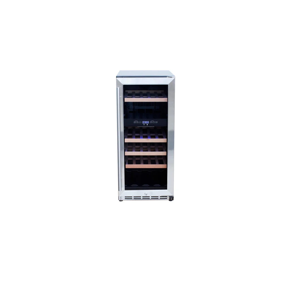 TrueFlame 15-inch dual-zone outdoor wine cooler, stainless steel front view